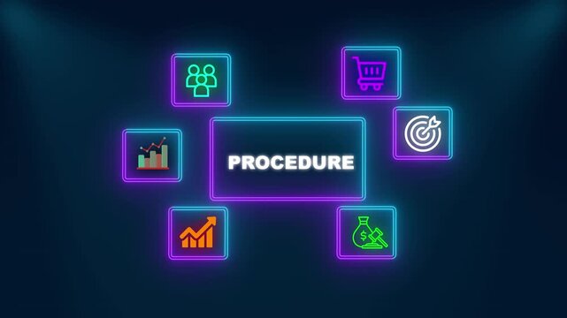 Business procedure infographic with together text surrounded by neon icons for workflow strategy teamwork commerce analytics and operational growth
