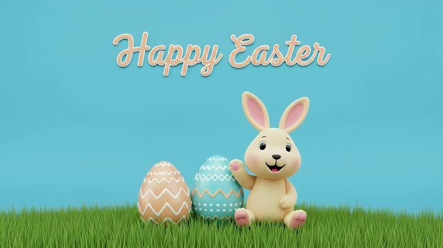 easter bunny with pastel eggs on green grass under a bright blue sky