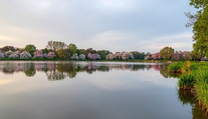 Obraz premium Calm lake reflecting soft spring blossoms along shoreline, pastel sky tones