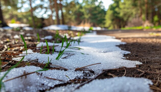 Forest path with patches of melting snow and emerging green grass