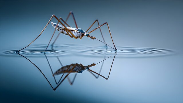 Macro Shot of Water Strider Insect on Calm Water Surface with Perfect Reflection and Ripples