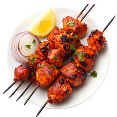 Delicious grilled chicken tikka skewers on plate, isolated on white, png