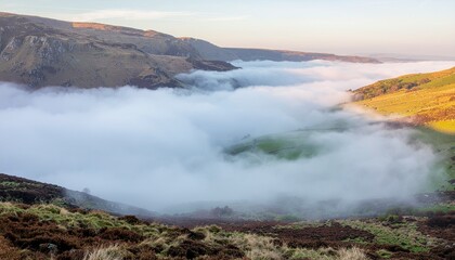 Wide valley covered in light morning mist, soft golden sunlight 
