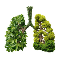 Human lungs formed by green trees and forest leaves, isolated on white, png