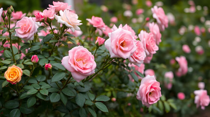 Rose bush in full bloom, its vibrant flowers and lush greenery contrasting beautifully with the softly blurred background