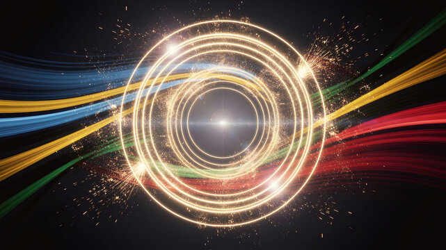 Photo of round glowing colorful rings neon sparks electric flashes swirling radiant green red blue light beam hd high quality perfect for campaigns black background wallpaper