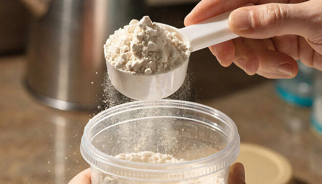 A person scooping protein powder into a container in a kitchen with a scoop and a hand holding a plastic tub