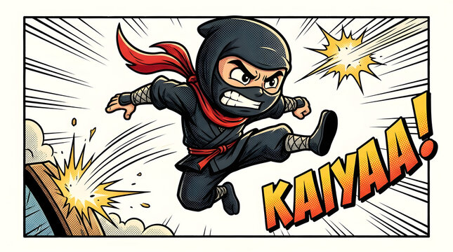 Cartoon Ninja in Action Pose Jumping.