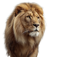 Majestic male lion portrait with thick golden mane, isolated on white, png