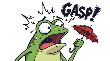 Naklejka premium Surprised Cartoon Frog Holding Red Umbrella.