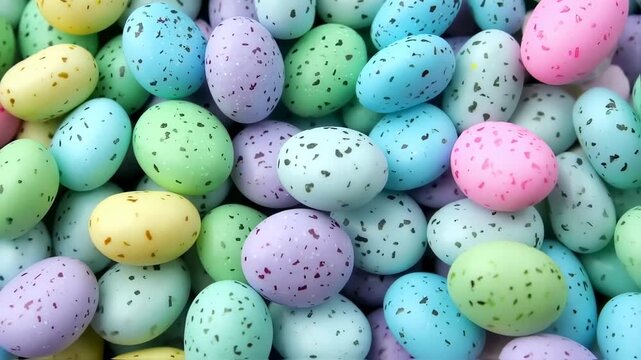 Many small, pastel-colored speckled eggs