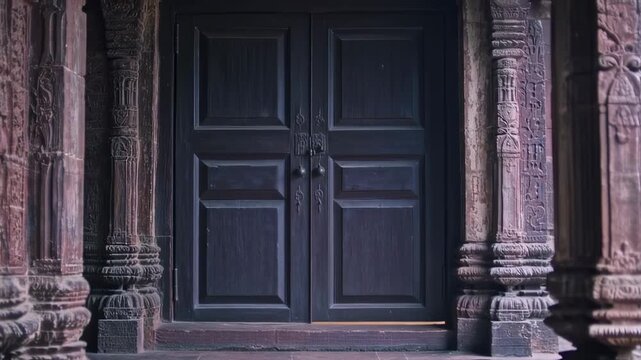 Ornate dark wood double doors flanked by intricately carved stone pillars