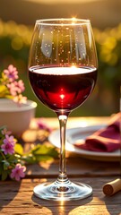 Naklejka premium glass red wine wooden table glass filled deep red liquid which appears wine tilted slightly side table set white plate pink napkin bottle wine also pink flowers greenery scattered around table adding