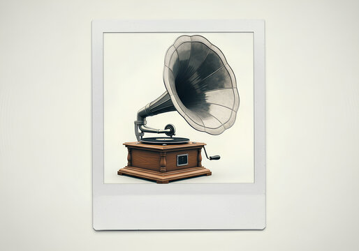 Vintage Gramophone with Large Horn on Wooden Base.