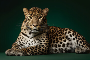 Fototapeta premium Leopard rests on a green surface in a studio setting during the day