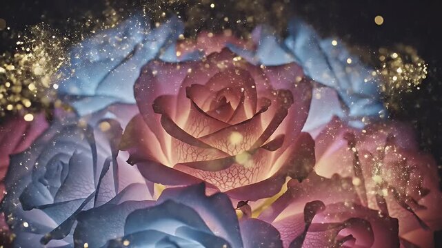 Multicolored rose bouquet under dramatic blue and pink lighting with glowing petals