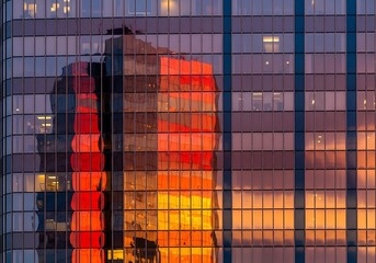 Fototapeta premium Urban sunset reflected in glass facade mirroring the adjacent high-rise edifice showing vivid colors