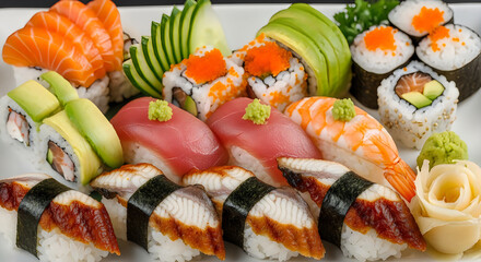 Assorted traditional sushi and nigiri platters arranged beautifully on a white plate