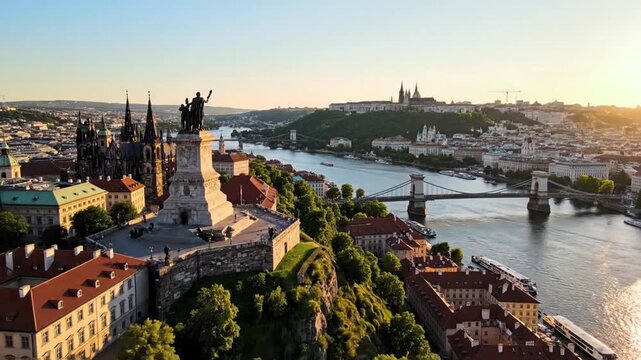 Aerial view Prague cityscape Vltava River historic architecture golden hour