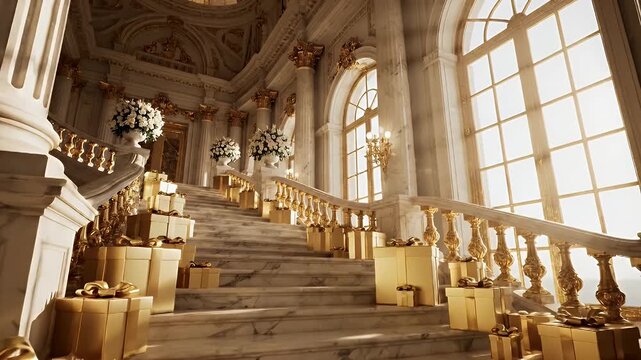 Opulent Marble Staircase Banquet Hall with Golden Railings and Lush Floral Arrangements