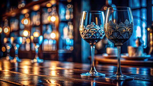 A photo of elegant wine glasses arranged on a bar with black and blue wood, intricate carvings, dim lighting creating soft shadows, glassware reflecti