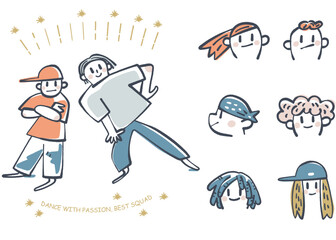 腕組みをした生徒と指導者が共演するシーンに、メンバー紹介等で活用できる6種類の丸型顔アイコンをセットにしたダンススクールのWebサイト用デザインキット
