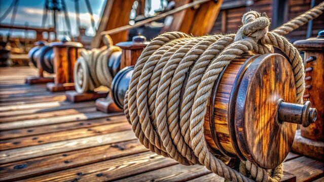 A photo of a weathered wooden winch creaking on the deck of an ancient pirate warship, ropes tangled around it