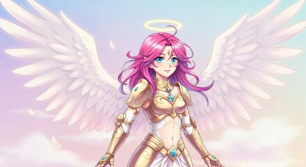 Naklejka premium Celestial Guardian: A celestial being with large feathered wings and a radiant halo floats gracefully against a backdrop of pastel hues. Depicting a sense of serenity and divine protection.