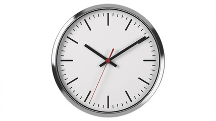 Minimalist silver wall clock showing 10:10 time isolated on white background modern design