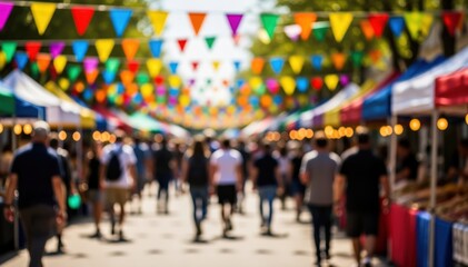 Fototapeta premium Festive Market: A lively marketplace bustling with a diverse crowd, colorful flags, and vibrant stalls, creating a joyful and immersive environment.