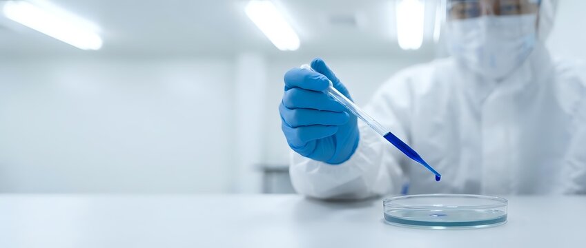 Laboratory scientist in protective suit conducting research with test tube and petri dish in sterile medical facility for pharmaceutical development.