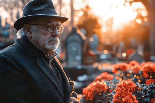 Elderly Caucasian man with white beard and glasses wearing dark hat and coat standing among orange autumn flowers at sunset in cemetery or memorial garden.
