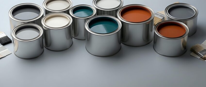 Open paint cans with colorful paint samples in teal, orange, white and gray colors arranged on white surface for home renovation projects.