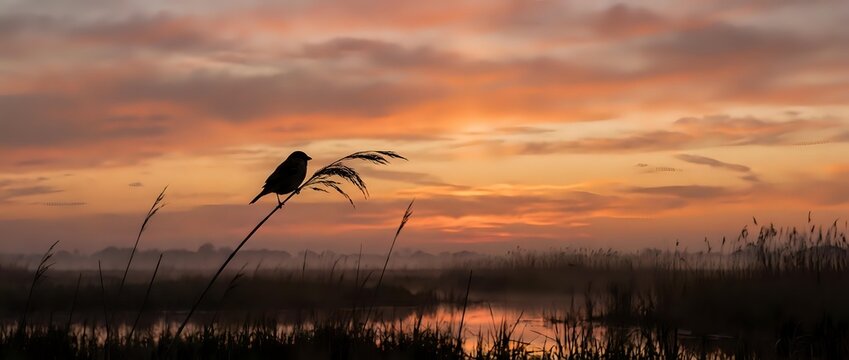 Bird silhouette perched on reed against dramatic sunset sky over wetland marsh. Peaceful nature scene with warm orange and pink clouds reflected in water.