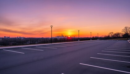 Urban Sunset Vista: An empty parking area at twilight, with the city silhouette forming a captivating backdrop against the vivid orange and purple hues of the setting sun, an open and vast area.