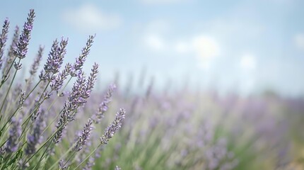 Obraz premium Purple lavender flowers blooming in field with soft focus background. Natural aromatherapy herbs growing in garden. Calming botanical landscape for wellness.