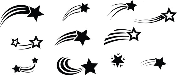 Shooting star icon set, black comet silhouettes with motion trails, celestial decorative vector illustration isolated design collection © LT studio