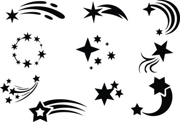 Star and comet icon set, black shooting stars crescent moon silhouettes, decorative celestial vector illustration isolated collection © LT studio