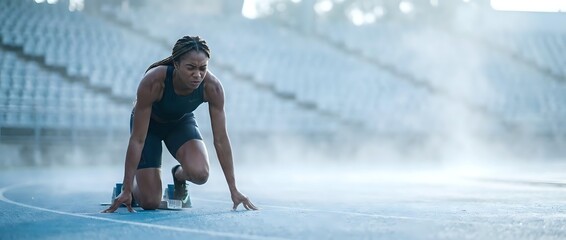 Naklejka premium Athletic African American woman in starting position on running track at stadium ready to sprint during training session.