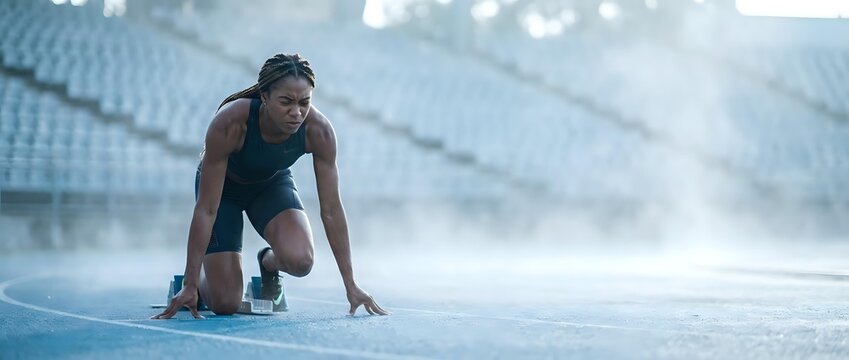 Athletic African American woman in starting position on running track at stadium ready to sprint during training session.