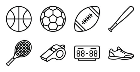 Sports equipment outline icon set for athletic competition team training and physical fitness events © GoDesigner