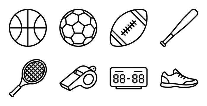 Sports equipment outline icon set for athletic competition team training and physical fitness events