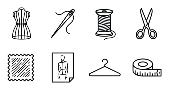Tailoring and sewing icons set featuring mannequin needle thread scissors and pattern measurement