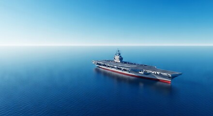 Fototapeta premium A solitary aircraft carrier glides across the immense, tranquil blue ocean under clear skies. A powerful vessel on an endless sea, water, ocean, ship