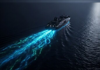 A giant maritime vessel cuts across a deep, dark ocean, creating an amazing, radiant bioluminescent wake of shimmering light, trail, blue, water