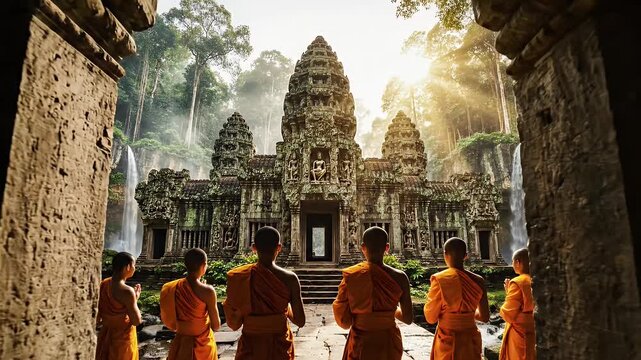 Serene procession of Buddhist monks in orange robes at ancient temple complex