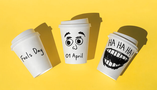 Three white coffee cups with fools day drawings on yellow background concept for humorous celebration of first of april with funny face and laughter