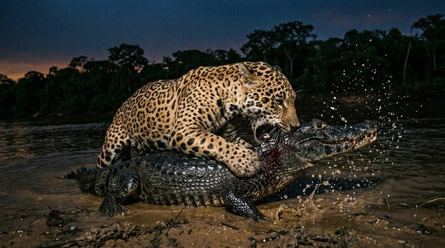 Jaguar Caiman predation on murky Amazon riverbank under dramatic twilight