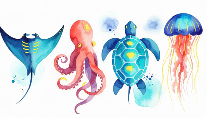 Fototapeta premium Colorful Watercolor Sea Animals Set with Stingray Octopus Sea Turtle and Jellyfish