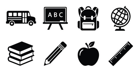 Back to school black silhouette concept with school bus blackboard backpack globe and books © GoDesigner